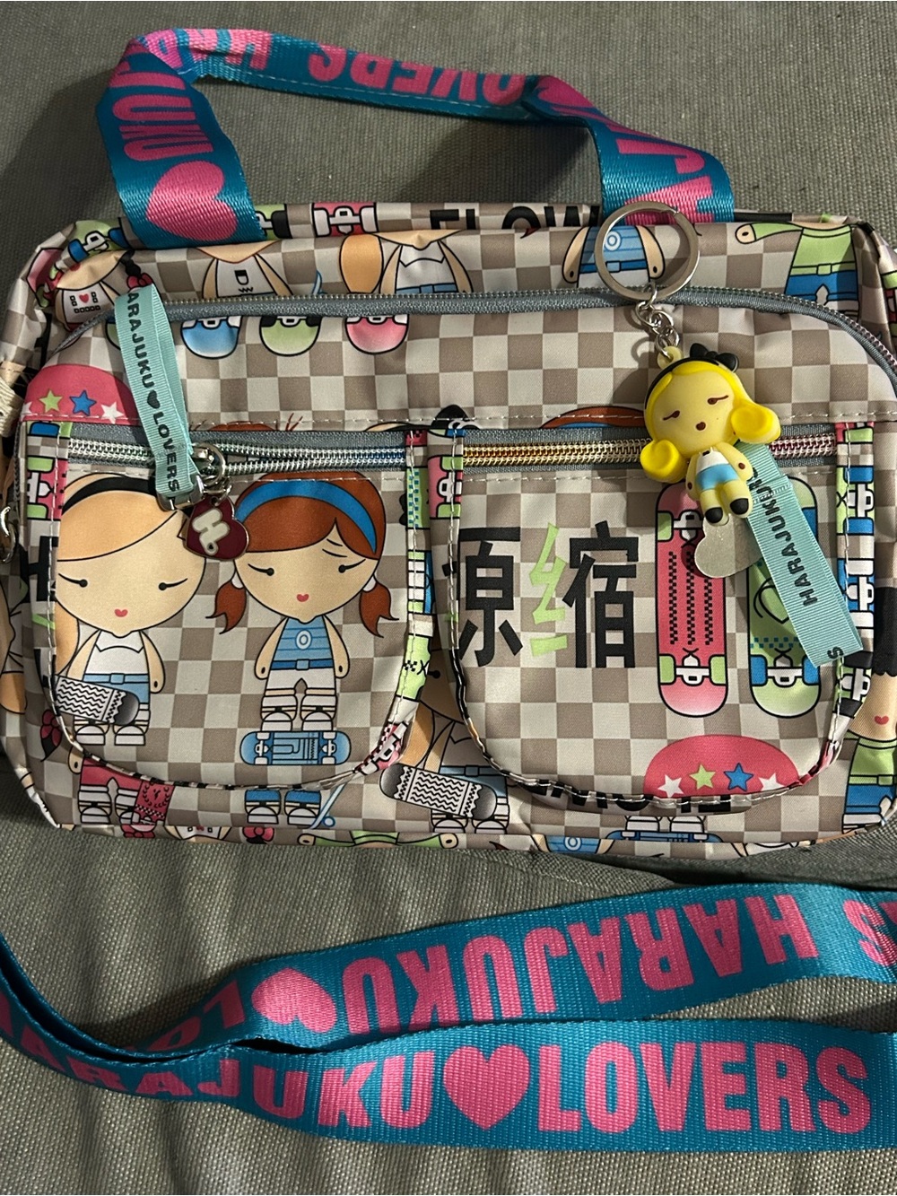 Harajuku Lovers Beige Checkered Tote with Blue and Pink Strap
